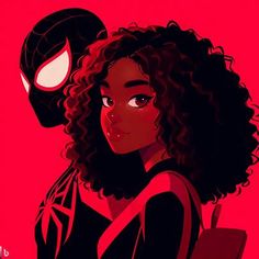 a woman with curly hair and a spider man mask on her head is standing in front of a red background