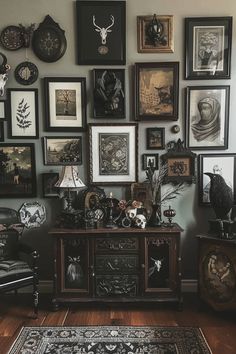 a living room filled with lots of framed pictures