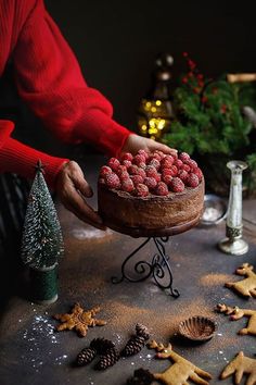 a person holding a chocolate cake with raspberries on top and christmas decorations around it