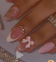 Charm Nails Almond, Hoco Almond Nail Ideas, Hoco Nails Short Almond, Xv Pink Nails, Pink Glitter Aesthetic Nails, 15 Birthday Nails Ideas, Hoco Nail Ideas Pink Dress, Almond Nails Designs Medium Length, Pink Bday Nails Almond