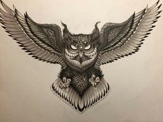 an owl with large wings is shown in this tattoo art design by artist mark stewart