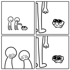 four panels with cartoon characters in black and white, one has an alien on the other side