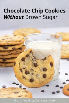 chocolate chip cookies with brown sugar in front of a glass of milk on a table