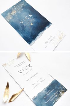 two cards with gold foil on them and the words vick written in black ink