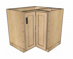 the corner cabinet is made from wood and has two doors on each side, with one door open