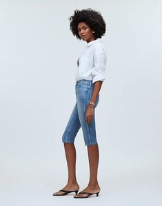 The '90s Capri Jean in Cayer Wash Fitted Knee-length Denim Jeans, Fitted Knee-length Jeans For Summer, Knee-length Denim Cropped Jeans For Summer, Summer Cropped Denim Jeans With Straight Hem, Stretch Denim Knee-length Jeans, Fitted Straight Leg Bermuda Shorts, Spring Medium Wash Knee-length Cropped Jeans, Knee-length Cropped Jeans In Medium Wash For Spring, Fitted Mid-rise Cropped Jeans For Summer