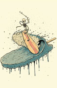 a drawing of a skeleton riding a surfboard