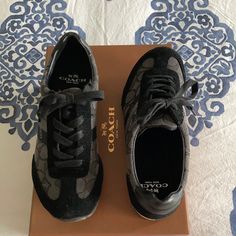 Coach Black Suede And Canvas Monogram Sneakers. Size 6. Gently Used, Almost Brand New Condition. Smoke Free Home. Coach Sneakers, Gym Shoes, Coach Shoes, Black Sneaker, Womens Shoes Sneakers, Black Suede, Black Shoes, Black Gray, Black And Grey