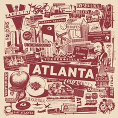 an image of atlanta in red and white with the word atlanta surrounded by other images