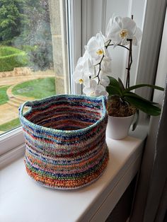 a basket sitting on top of a window sill next to a potted plant