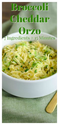 broccoli cheddar orzo in a white bowl on a green cloth