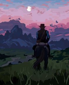 a man riding on the back of a horse across a lush green field under a purple sky