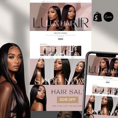 the website for luxury hair salon is displayed next to an iphone