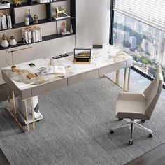 an office with a desk and chair in front of a large window overlooking the city