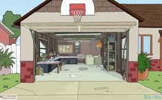 an image of a basketball hoop in the back of a garage with a man sitting at a table