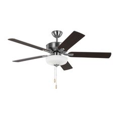 a ceiling fan with three blades and a light on the bottom one is turned off