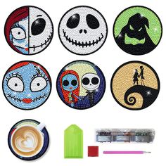 the coasters have been decorated with different designs and colors, including one for each character