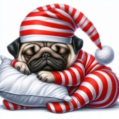 a painting of a pug dog wrapped in a blanket and wearing a santa hat