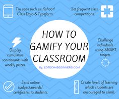 the text how to gamify your classroom on a blue background with icons and symbols