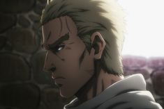 an anime character with blonde hair and blue eyes looking off into the distance in front of a stone wall