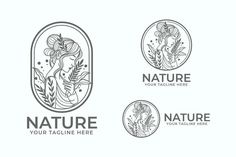 three logos for natural products, including an image of a woman with flowers in her hair