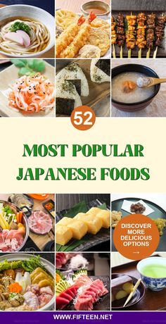 the cover of 52 most popular japanese foods, including sushi and other food items