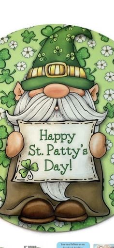 a st patrick's day plaque with a gnome holding a sign that says happy st patty's day