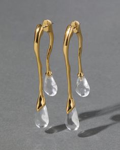 "Find ALEXIS BITTAR Lucite Front Back Double Drop Earring on Editorialist. Details This front back earring is designed with 14k gold plated liquid metalwork melding into two sculpted crystal clear raindrops of Lucite. 14k gold plated brass metalwork with Lucite, surgical steel ear post Our Lucite is hand-carved and hand-polished in Brooklyn, NY 4g, lightweight UPC: 889519110512 Measurements 2\" length x .25\" width Care To clean these clear and gold Lucite double drop earrings , gently wipe the surface with a soft cloth. For additional care instructions visit our FAQ page. FAQs What is the Lucite material that makes up these clear and gold Lucite double drop earrings? The lucite that is used in these clear and gold Lucite double drop earrings is a signature material of the Alexis Bittar br Alexis Bittar Earrings, Alexis Bittar Jewelry, Front Back Earrings, Gold Fronts, Clear Earrings, Prom Earrings, Liquid Metal, Jewelry Tips, Long Drop Earrings