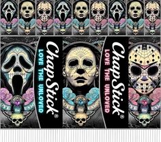 an image of a group of stickers with skulls and masks on them, all in different colors