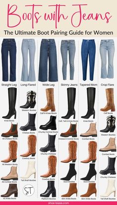 Fashionable Boots Women, Clothes With Boots Casual Outfits, How To Pair Shoes With Jeans, Jean Shoe Guide, Boot Looks For Women, Denim And Shoes Pairing, Jeans With Shoes Outfit, Jean And Boot Outfits, What To Wear With Jeans In Winter