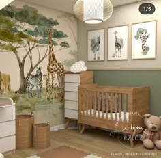 a baby's room with a giraffe and zebra mural on the wall