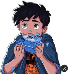 an anime character with blue eyes eating something