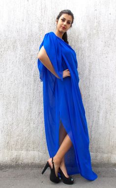 "Royal blue maxi plus size dress made of sheer chiffon veil. Strapless pencil underneath blue trikot dress.Blue crystal woven strap is sewn on left side and two scarfs on right shoulder. Elegant dress perfect for weddings. Extravagant summer kaftan. Two pieces included. Material: veil: 100% polyester underneath dress: 95% viscose, 5% full lycra Care instructions: Hand wash at 30 degrees The coral kaftan in the picture: https://www.etsy.com/listing/198540525/maxi-plus-size-kaftan-dress-maxi The m Blue Floor-length Maxi Dress For Beach Cover-up, Blue Long Chiffon Dress, Blue Floor-length Maxi Dress For Beach, Blue Chiffon Long Maxi Dress, Flowy Draped Maxi Dress For The Beach, Elegant Blue Maxi Dress For Beach Cover-up, Blue Bohemian Asymmetrical Dresses, Blue Flowy Floor-length Chiffon Dress, Blue Draped Maxi Dress For Party