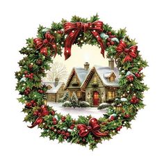 a christmas wreath with holly and red bows on the front is surrounded by snow covered houses