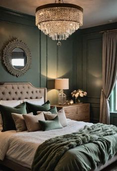 a large bed sitting under a chandelier next to a window in a bedroom