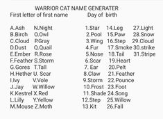 a list of names and dates for the first name in an animal's birth