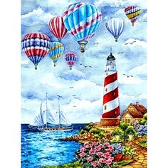 a painting of hot air balloons flying over the ocean with a lighthouse and sailboat