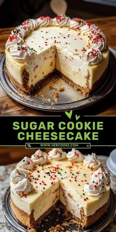 This Sugar Cookie Cheesecake combines the buttery goodness of sugar cookies with a rich, creamy cheesecake filling. A dreamy dessert perfect for holidays, celebrations, or anytime you want to impress your guests! Sugar Cookie Cheesecake Cups, Cheesecake Chocolate Chip Cookies, Christmas Sugar Cookie Cheesecake, Sugar Cookie Pie, Best Cheesecake Recipe, Sugar Cookie Cheesecake, Merry Crisis, Pillsbury Sugar Cookies, Cookie Cheesecake