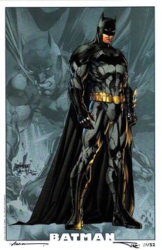 the batman character is standing in front of a black and white background with gold accents