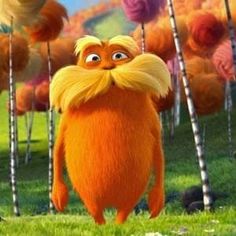 the lorax is standing in front of some trees and grass with their eyes wide open