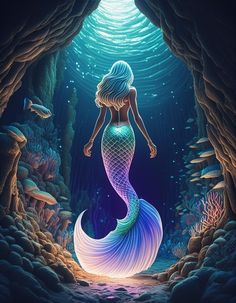 a painting of a mermaid standing in an underwater cave