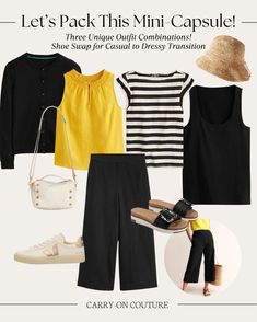 Black Pants Capsule Wardrobe, 4 Day Travel Outfits Capsule Wardrobe, Black And White Capsule Wardrobe Summer, Black Wardrobe Capsule, Capsule Summer Wardrobe 2024, Black And White Capsule Wardrobe, Travel Capsule Wardrobe Spring, Mini Capsule Wardrobe, Clothes For Women Over 60