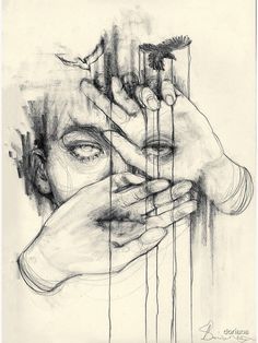 a pencil drawing of a man's face and hands