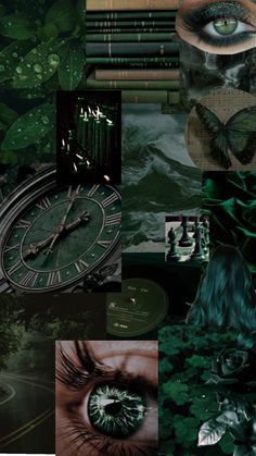 a collage of green images with an eye and clock in the middle, surrounded by leaves