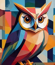 an owl is painted in bright colors