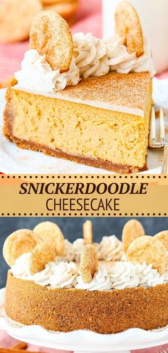 a slice of cheesecake on a plate with the words, snickkerdoodlele cheesecake