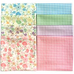 four different patterns of fabric with flowers and gingham checkers on the side