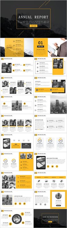 the yellow and black website design is displayed in this image, it has many different layouts