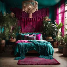 a bedroom with pink and teal decor, potted plants on the floor and a large bed