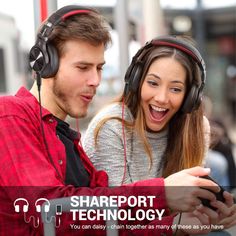 a man and woman wearing headphones are looking at a cell phone with the text report technology on it